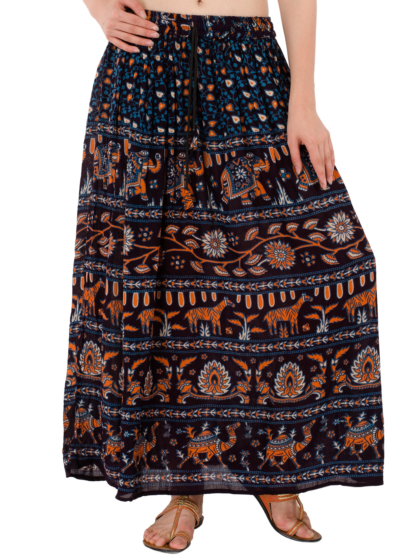 In-Sattva Women's Handcrafted Rajasthan Palace Print Ankle Length Maxi Skirt Blue