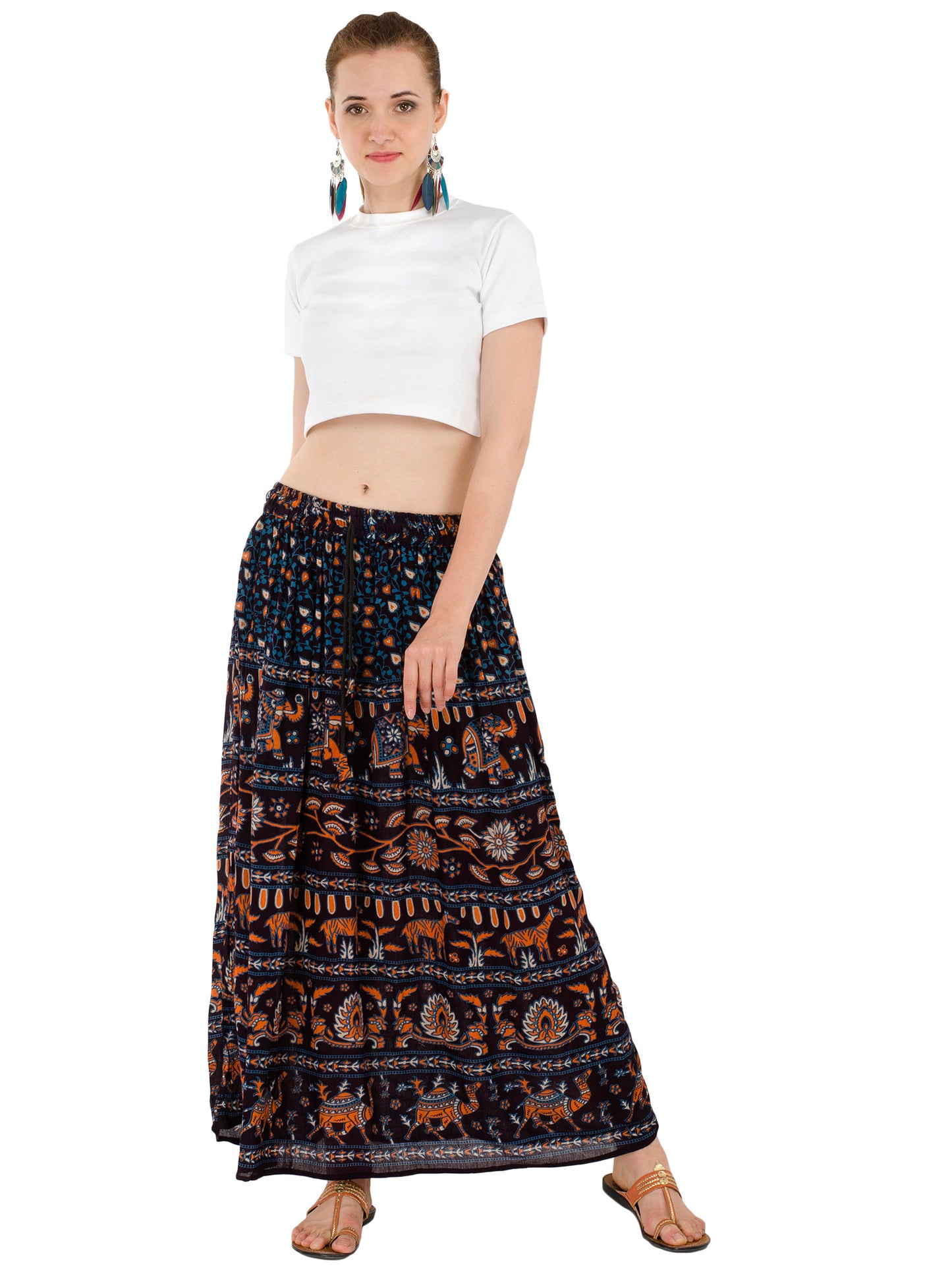 In-Sattva Women's Handcrafted Rajasthan Palace Print Ankle Length Maxi Skirt Blue