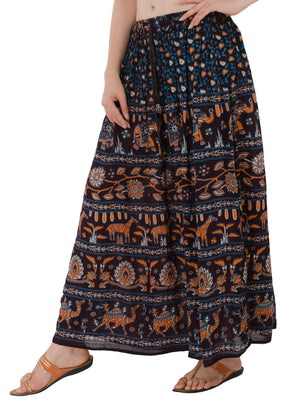 In-Sattva Women's Handcrafted Rajasthan Palace Print Ankle Length Maxi Skirt Blue