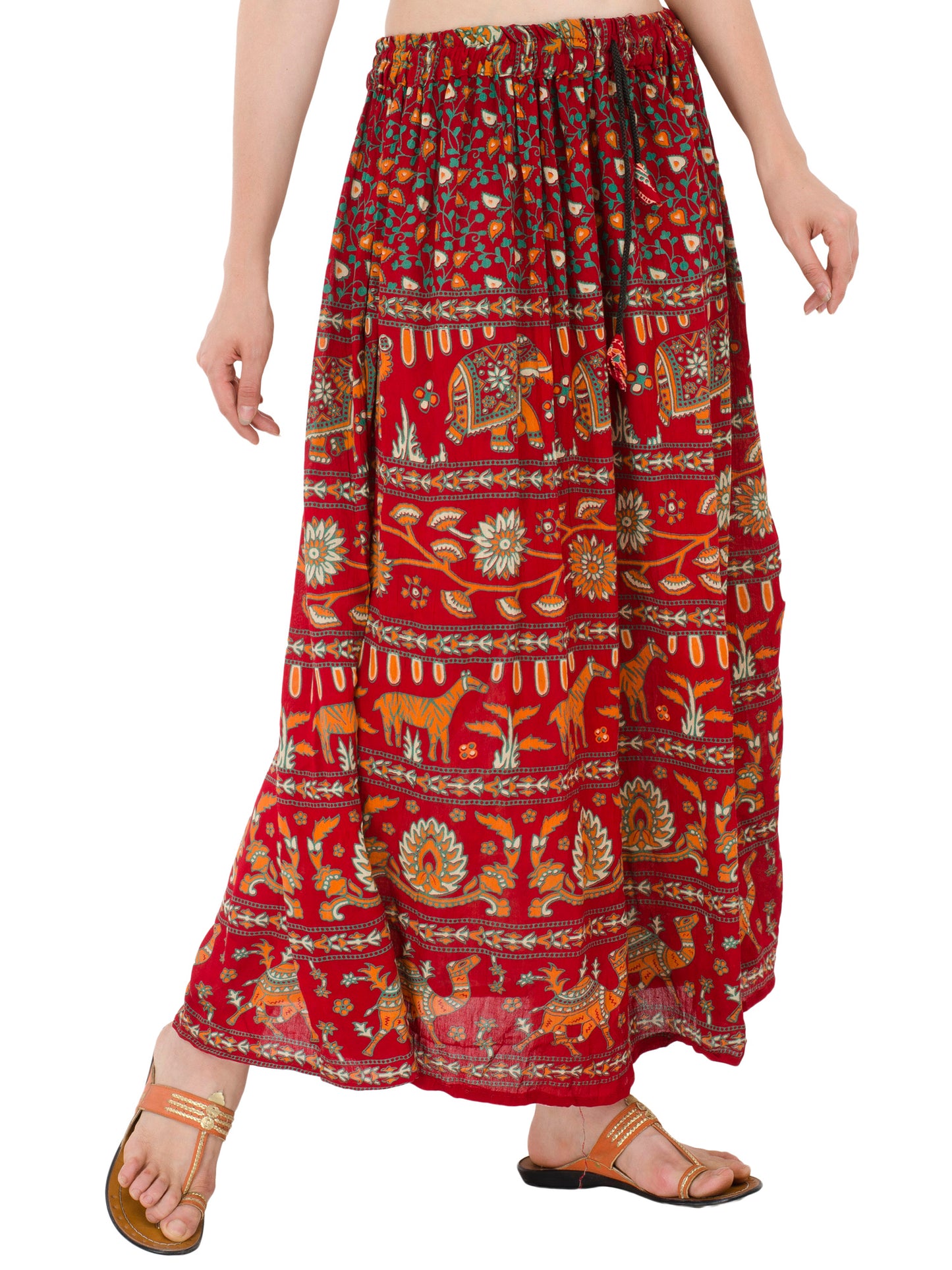 In-Sattva Women's Handcrafted Rajasthan Palace Print Ankle Length Maxi Skirt Red