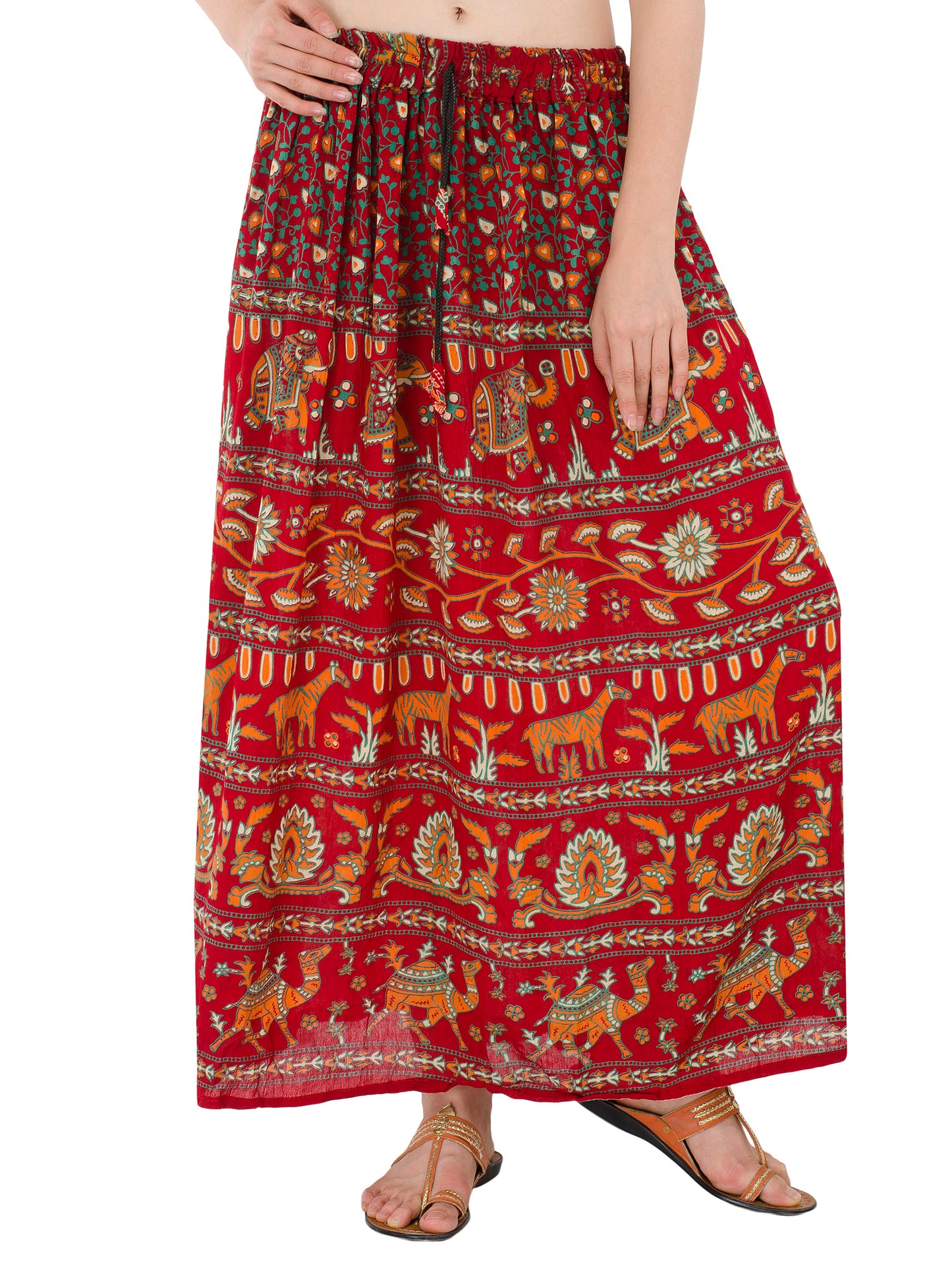 In-Sattva Women's Handcrafted Rajasthan Palace Print Ankle Length Maxi Skirt Red