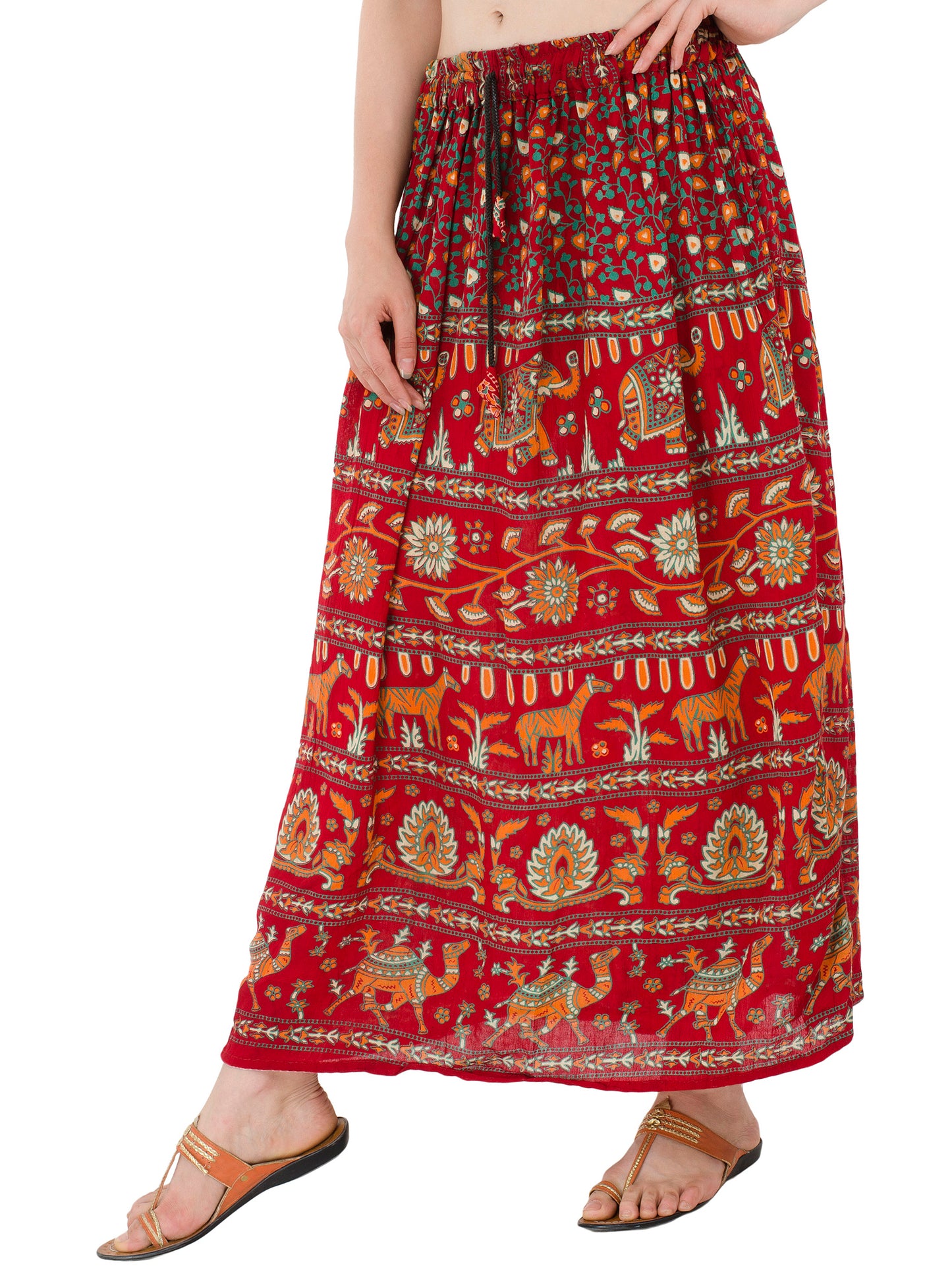 In-Sattva Women's Handcrafted Rajasthan Palace Print Ankle Length Maxi Skirt Red