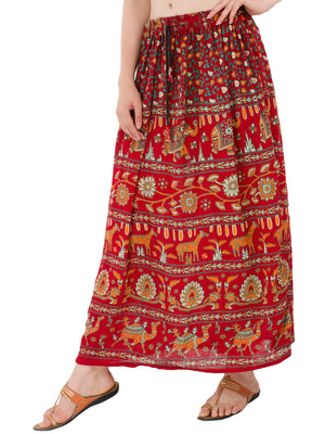 In-Sattva Women's Handcrafted Rajasthan Palace Print Ankle Length Maxi Skirt Red