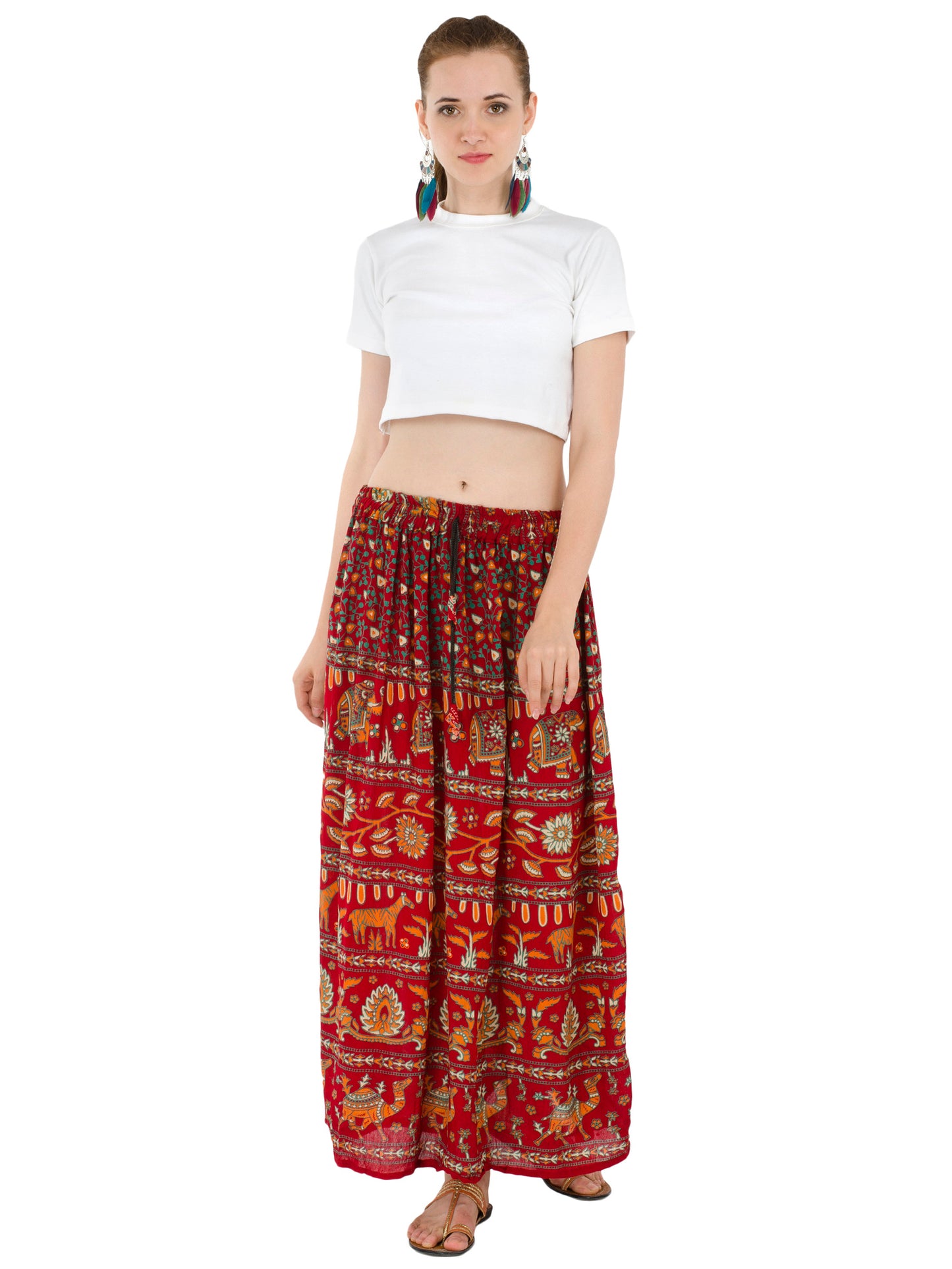 In-Sattva Women's Handcrafted Rajasthan Palace Print Ankle Length Maxi Skirt Red
