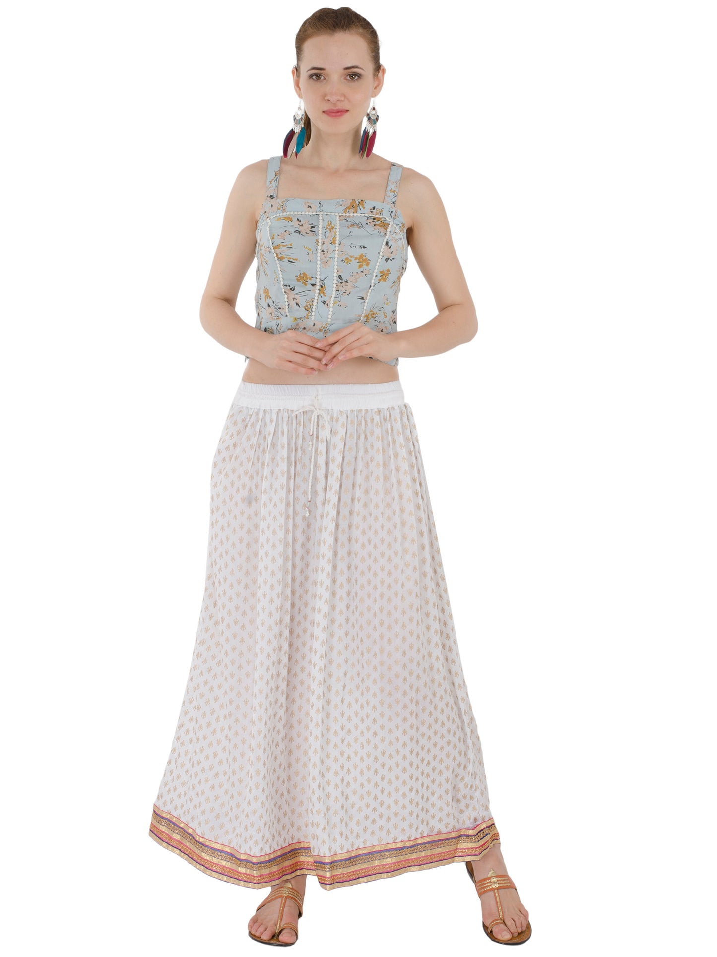 In-Sattva Women's Royal Printed Ankle Print Ankle Lenghth Maxi Skirt White