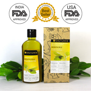 Soulflower Bhringraj Ayurvedic Hair Oil bottle, packaging and quality certifications