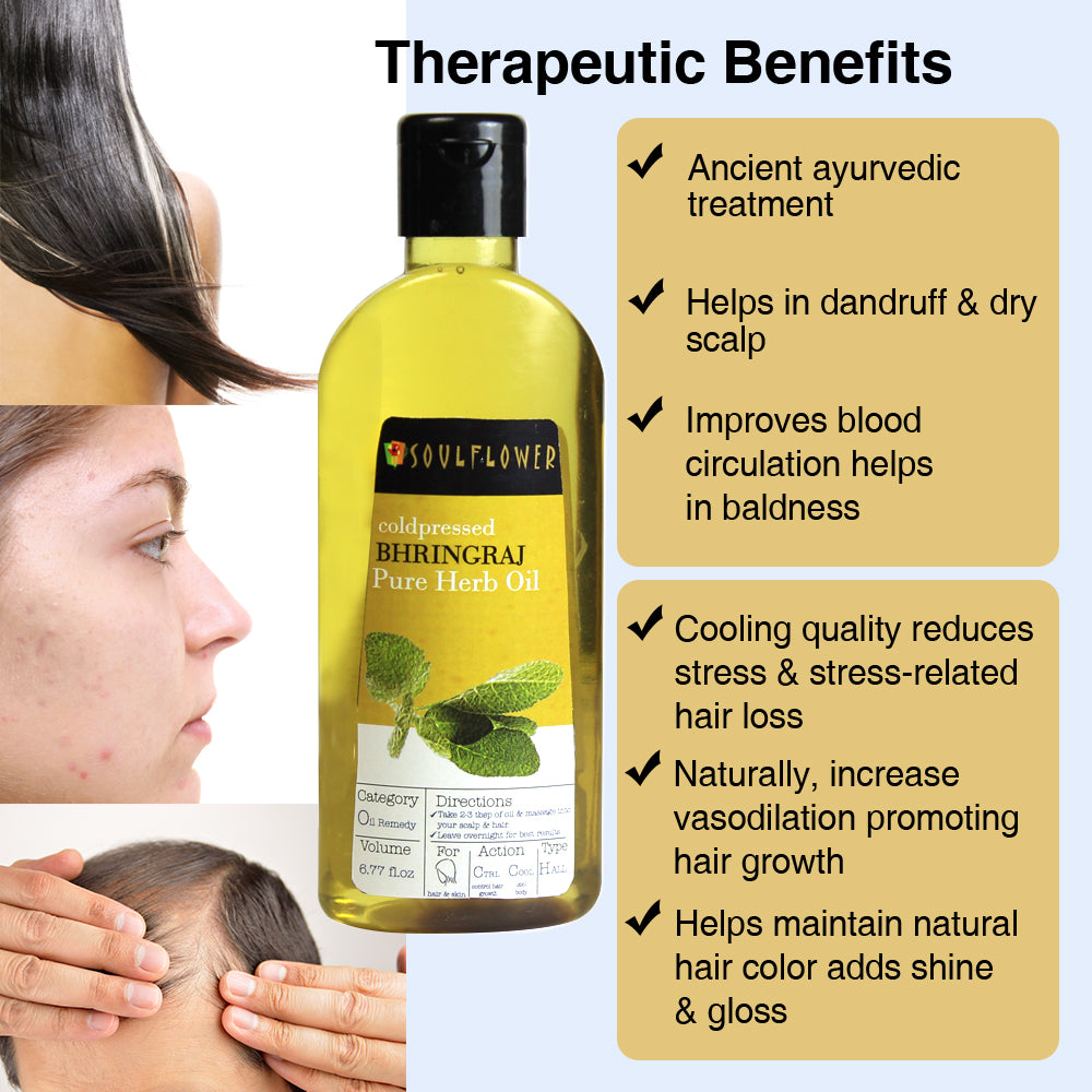 Soulflower Bhringraj Ayurvedic Hair Oil uses and benefits infographic for hair growth and scalp nourishment