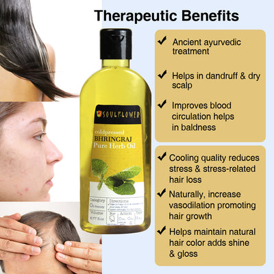 Soulflower Bhringraj Ayurvedic Hair Oil uses and benefits infographic for hair growth and scalp nourishment