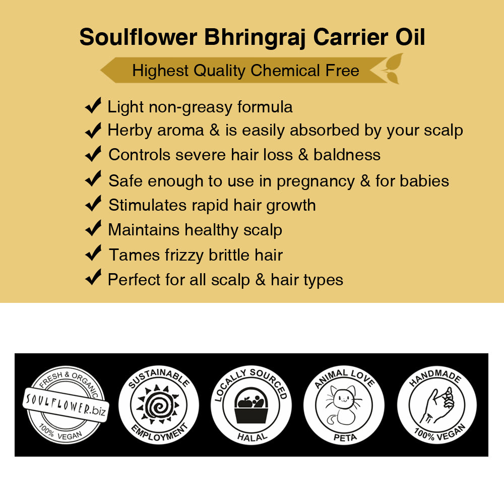 Soulflower Bhringraj Ayurvedic Hair Oil quality features infographic