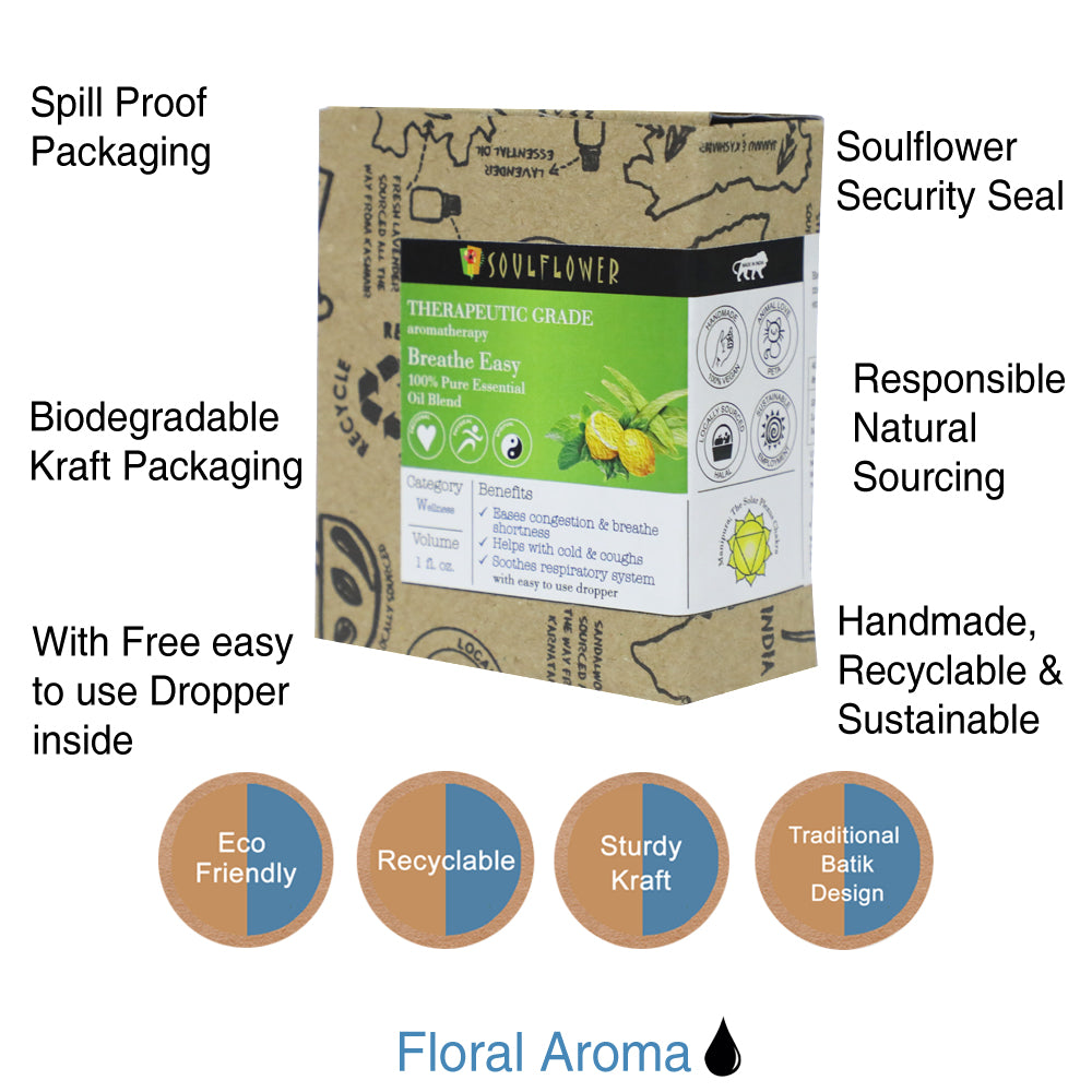 Soulflower Breathe Easy Aromatherapy Essential Oil Blend recyclable packaging and dropper features