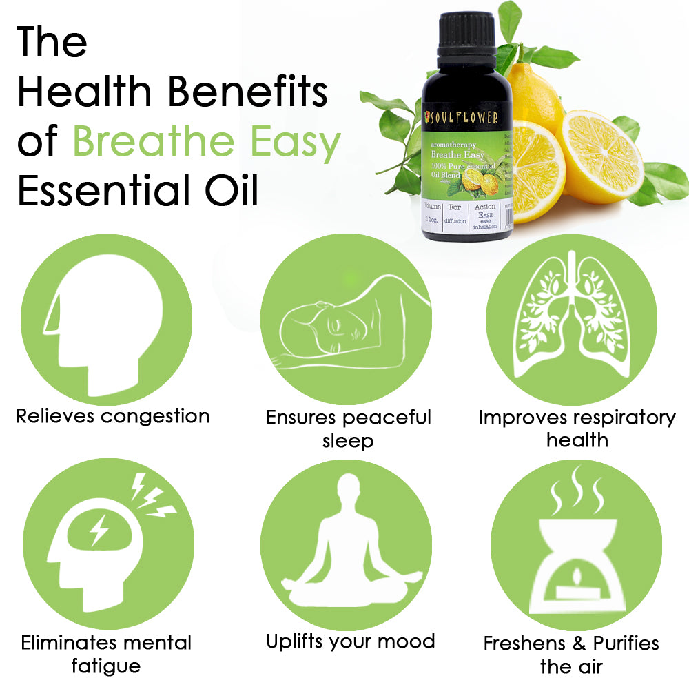 Soulflower Breathe Easy Aromatherapy Essential Oil Blend benefits infographic for refreshing respiratory aromatherapy