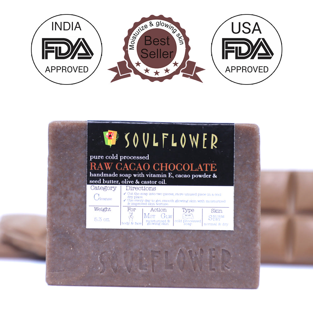 Front pack shot of Soulflower Cacao Chocolate Handmade Soap, pack of 2 with quality certifications