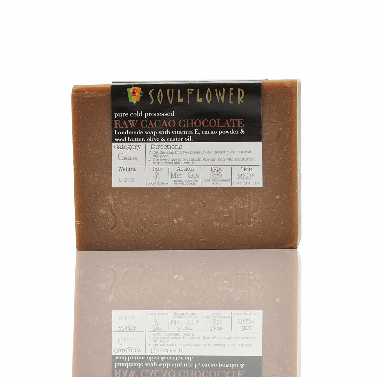 Front pack shot of Soulflower Cacao Chocolate Handmade Soap, pack of 2