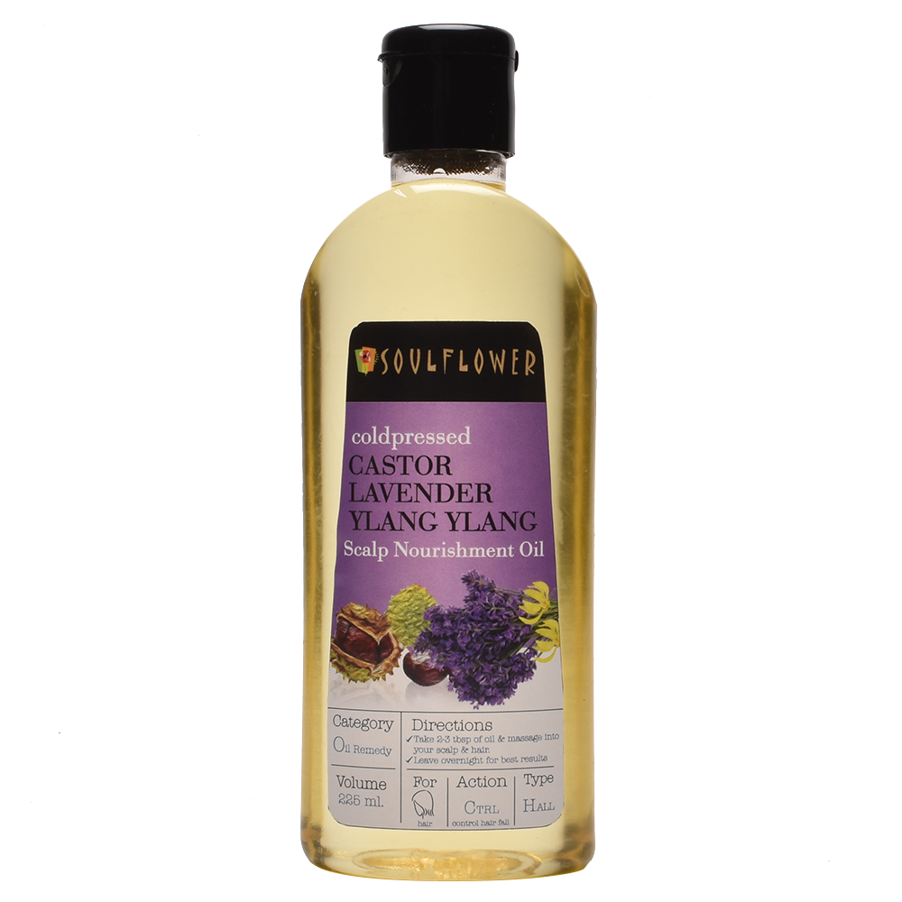 Front pack shot of Soulflower Castor Lavender Nourishing Hair Oil