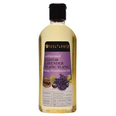 Front pack shot of Soulflower Castor Lavender Nourishing Hair Oil