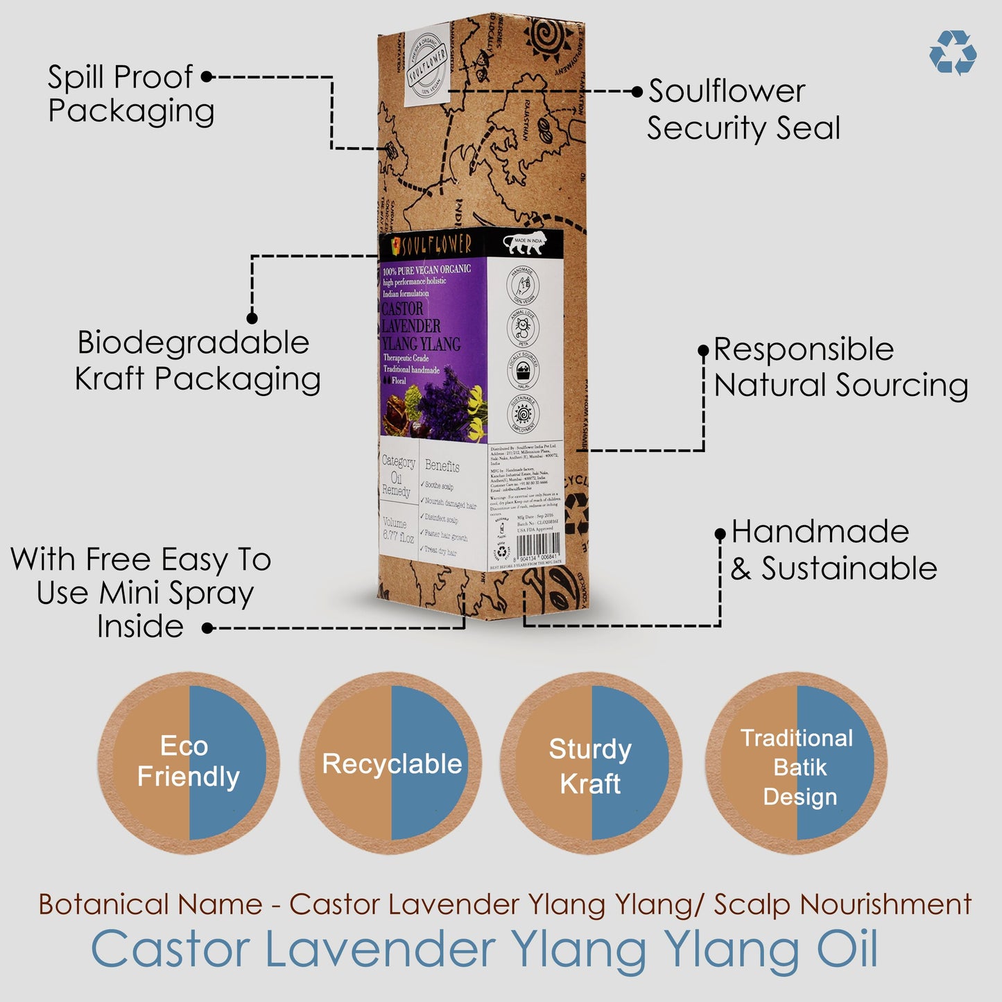 Soulflower Castor Lavender Nourishing Hair Oil recyclable packaging and dropper features
