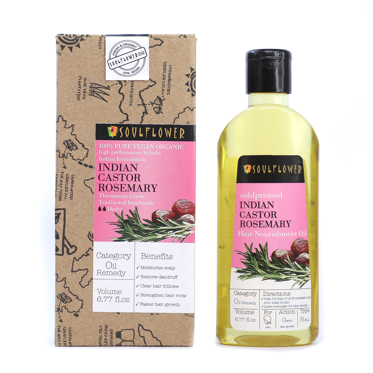 Soulflower Castor and Rosemary Hair Growth Oil bottle and retail packaging