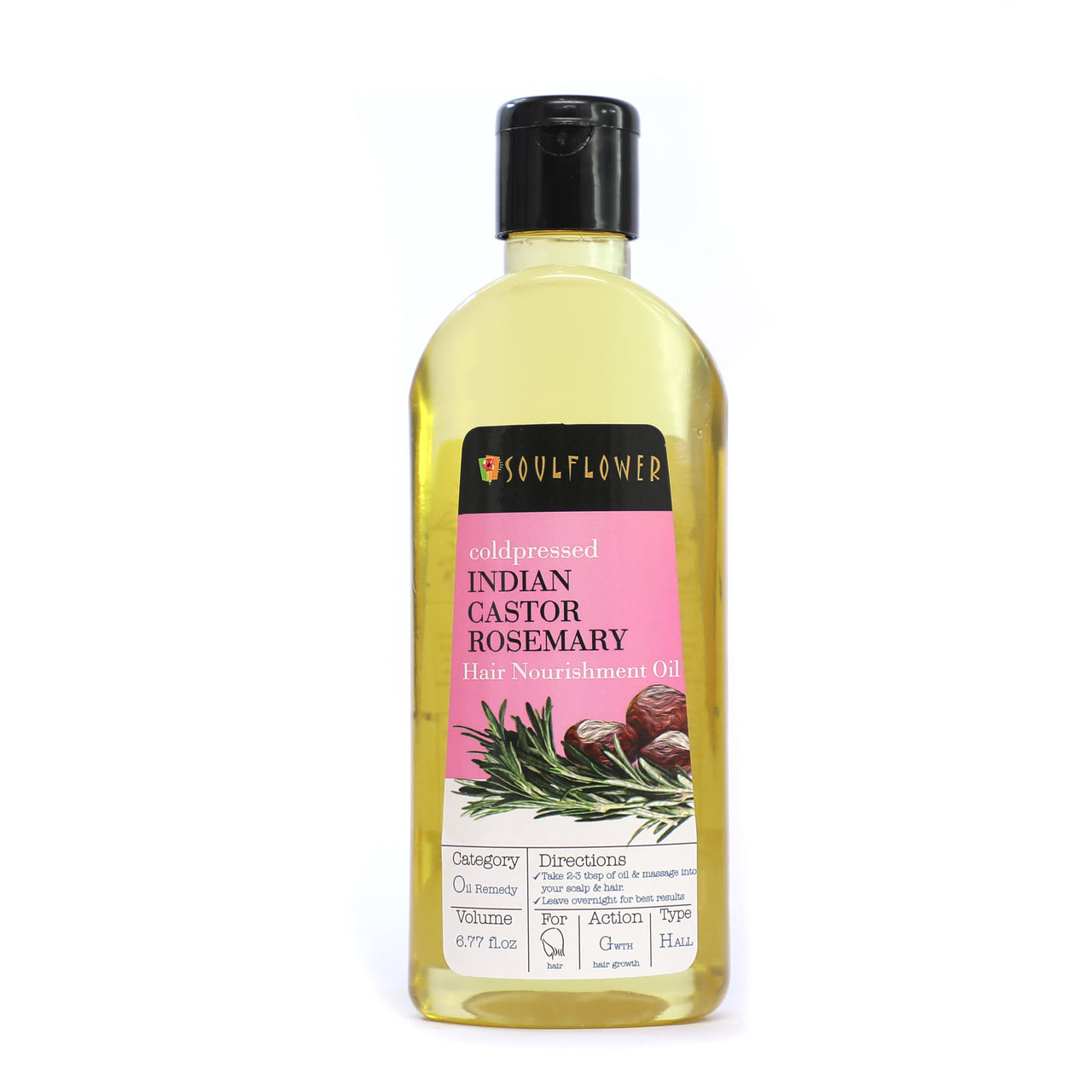 Front pack shot of Soulflower Castor and Rosemary Hair Growth Oil