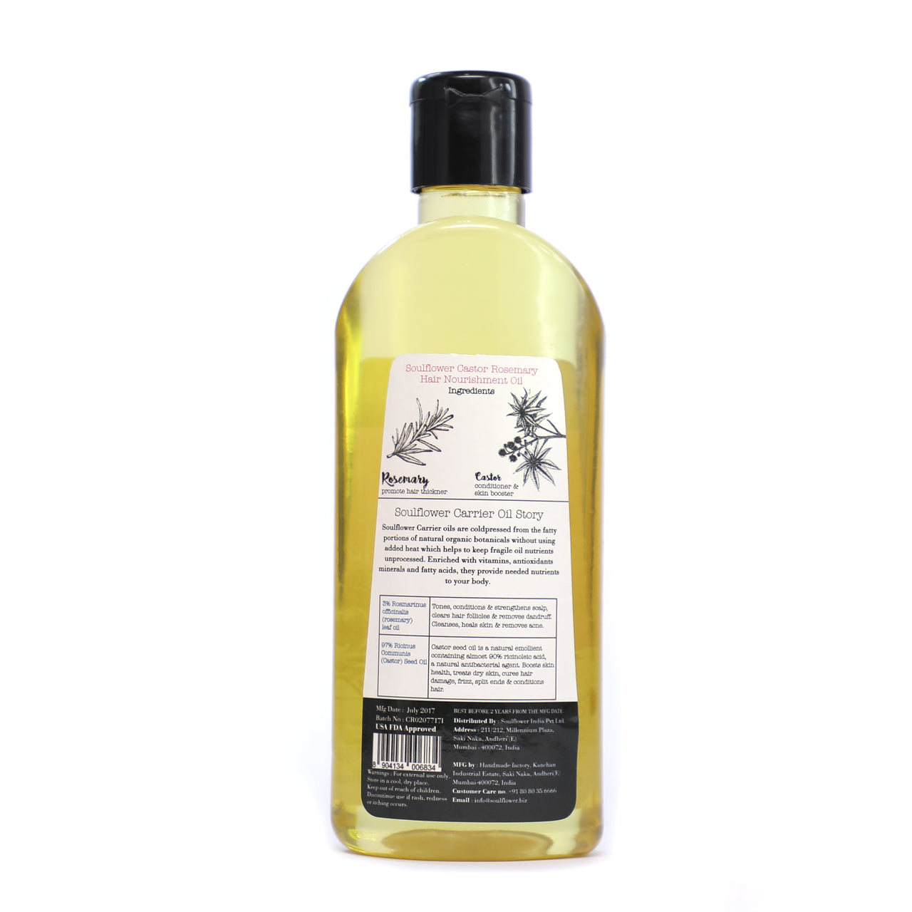 Soulflower Castor and Rosemary Hair Growth Oil ingredients label and usage directions