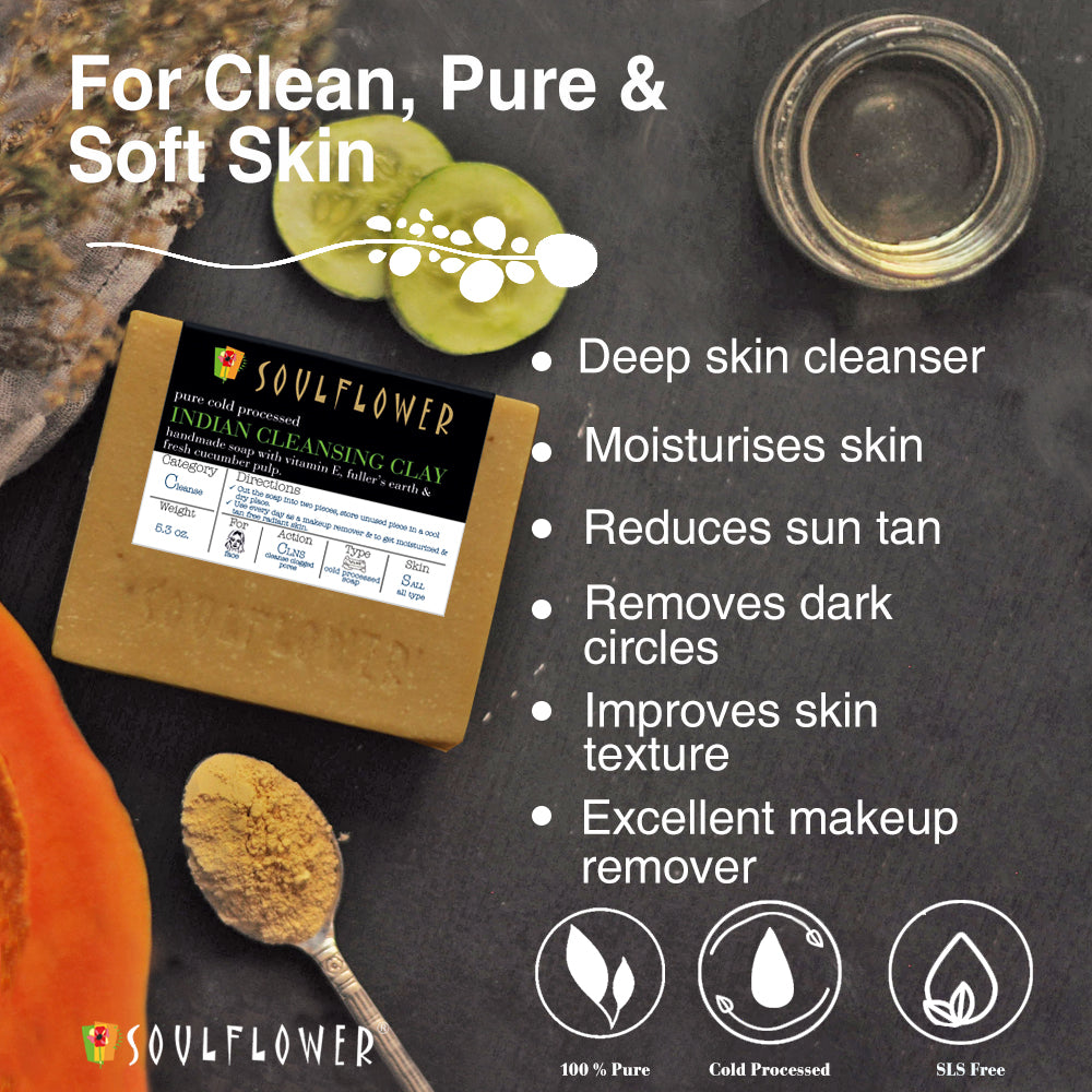 Soulflower Cleansing Clay Handmade Soap benefits infographic for deep cleansing and refreshed-looking skin