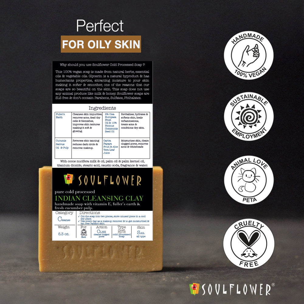 Soulflower Cleansing Clay Handmade Soap ingredients label and quality certifications