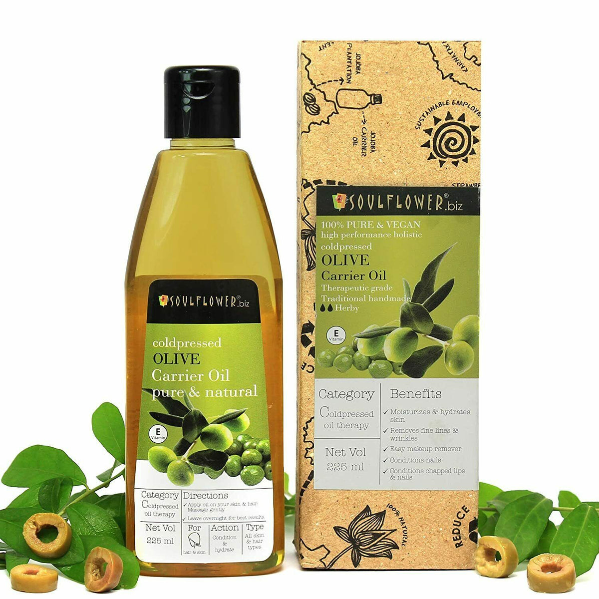 Soulflower Cold Pressed Olive Carrier Oil for hair and skin bottle and retail packaging