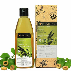 Soulflower Cold Pressed Olive Carrier Oil for hair and skin bottle and retail packaging