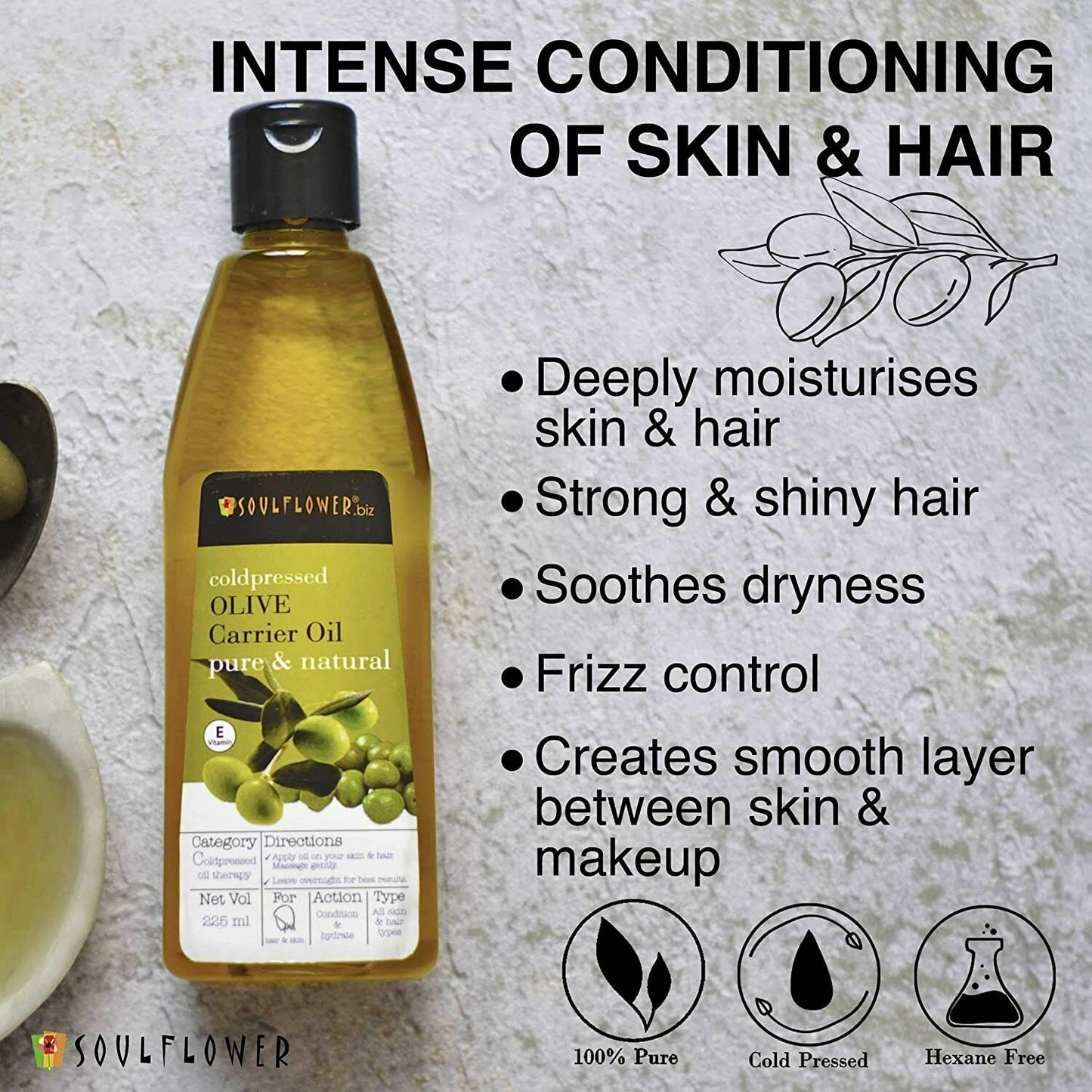 Soulflower Cold Pressed Olive Carrier Oil for hair and skin hair and skin benefits infographic