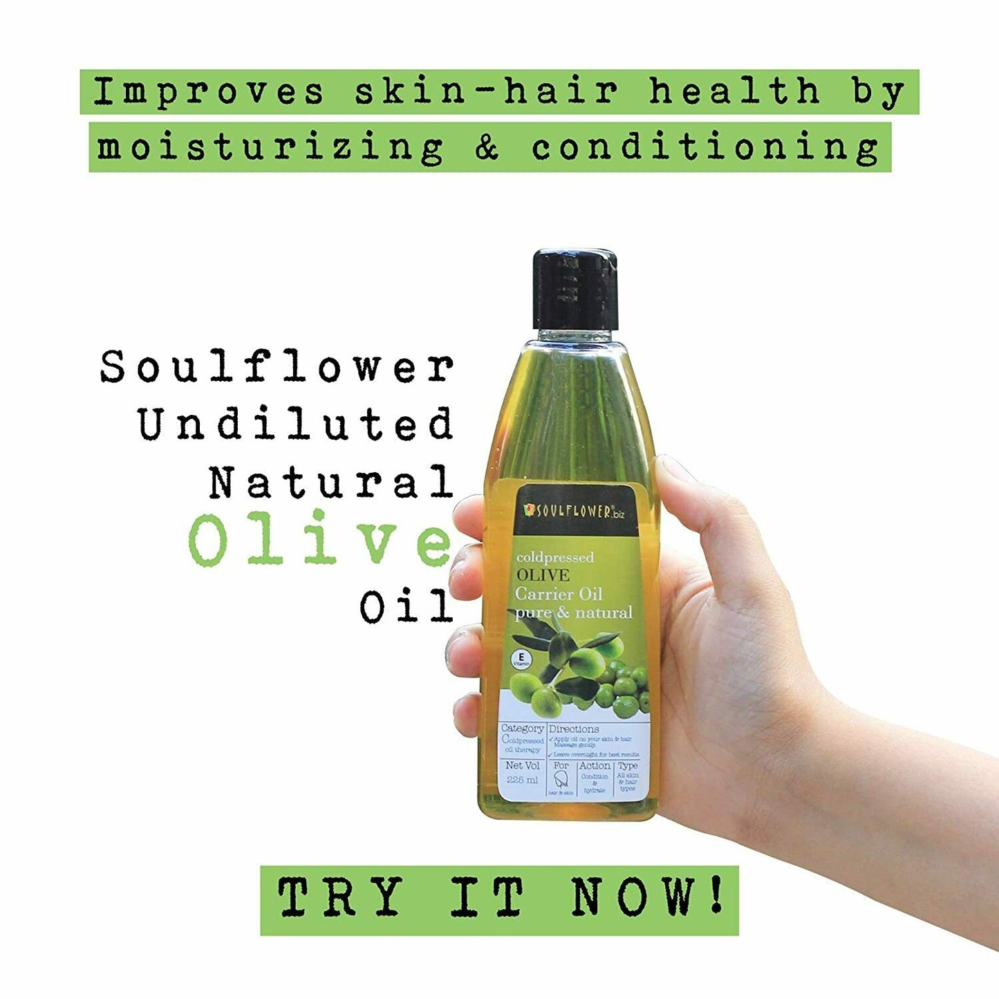 Soulflower Cold Pressed Olive Carrier Oil for hair and skin product bottle image