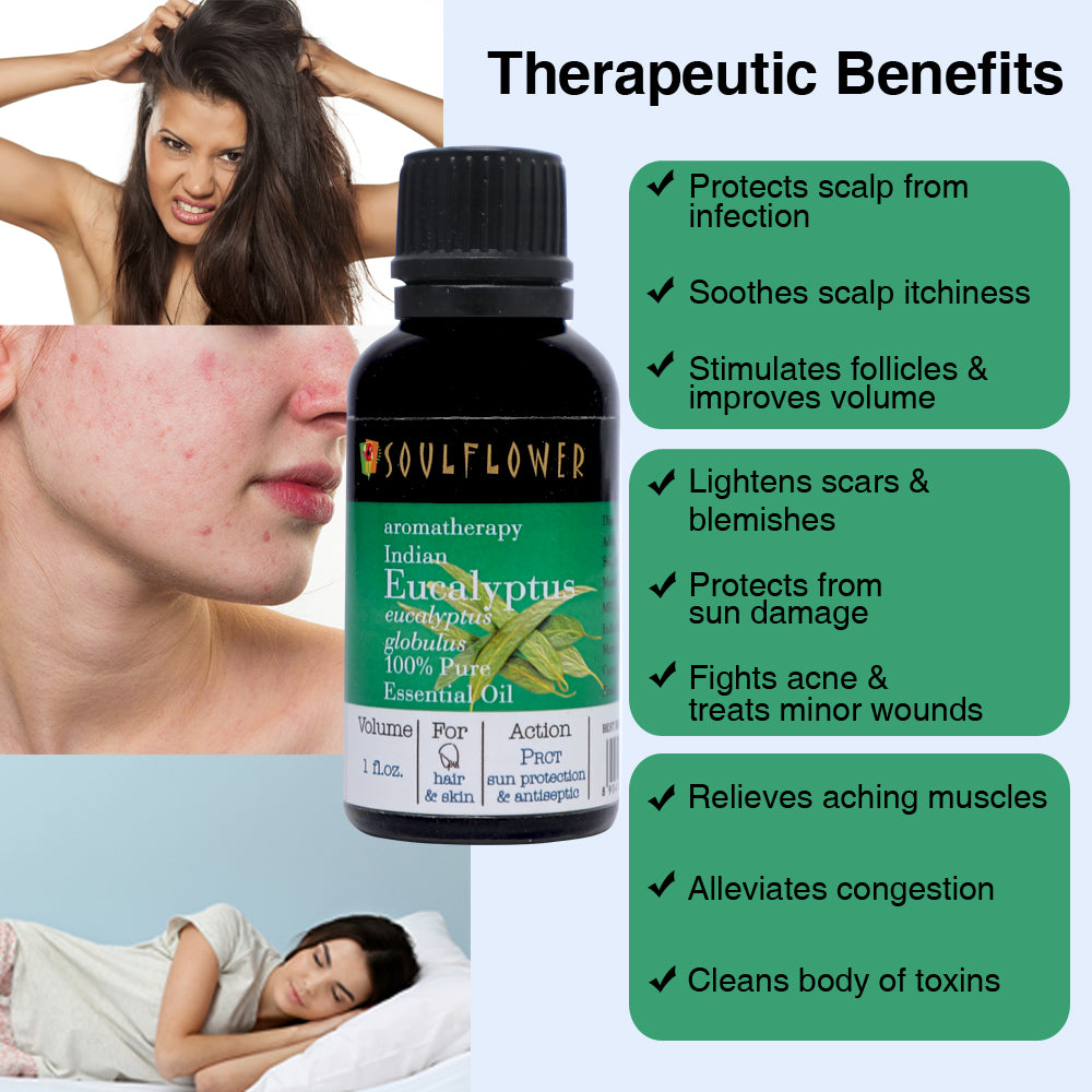 Soulflower Eucalyptus Essential Oil for aromatherapy uses and benefits infographic for refreshing aromatherapy and breathing comfort
