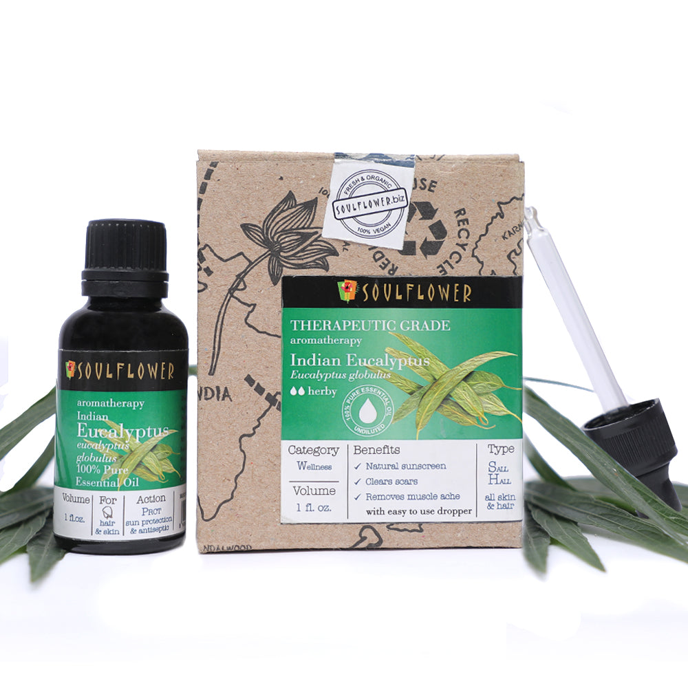 Soulflower Eucalyptus Essential Oil for aromatherapy bottle, packaging and glass dropper