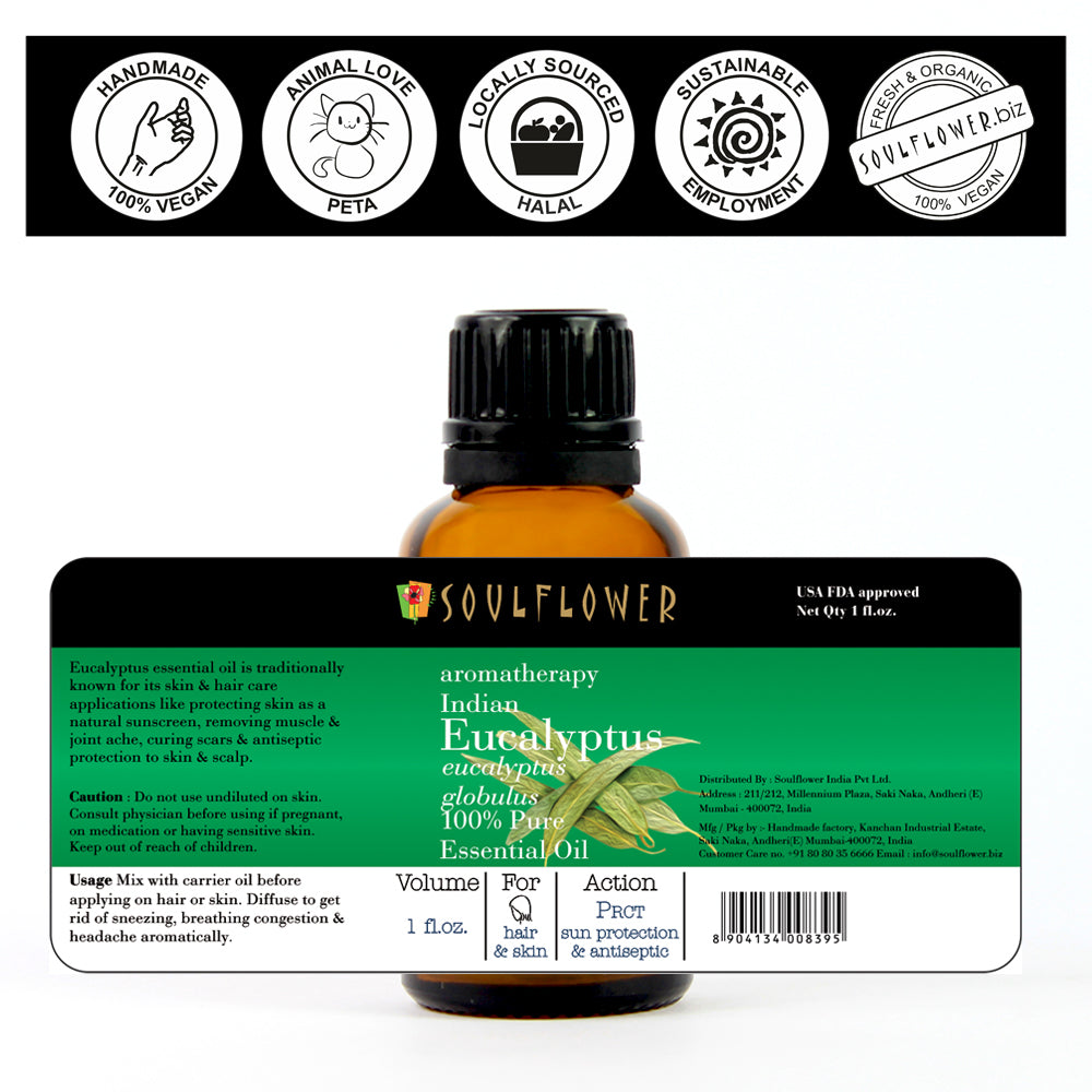 Soulflower Eucalyptus Essential Oil for aromatherapy ingredients label and usage directions
