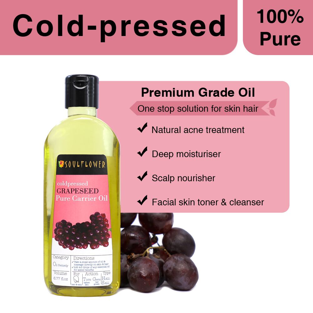 Soulflower Grapeseed Hair and Body Oil cold-pressed benefits infographic for lightweight hair and body moisture