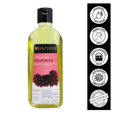 Front pack shot of Soulflower Grapeseed Hair and Body Oil with quality certifications