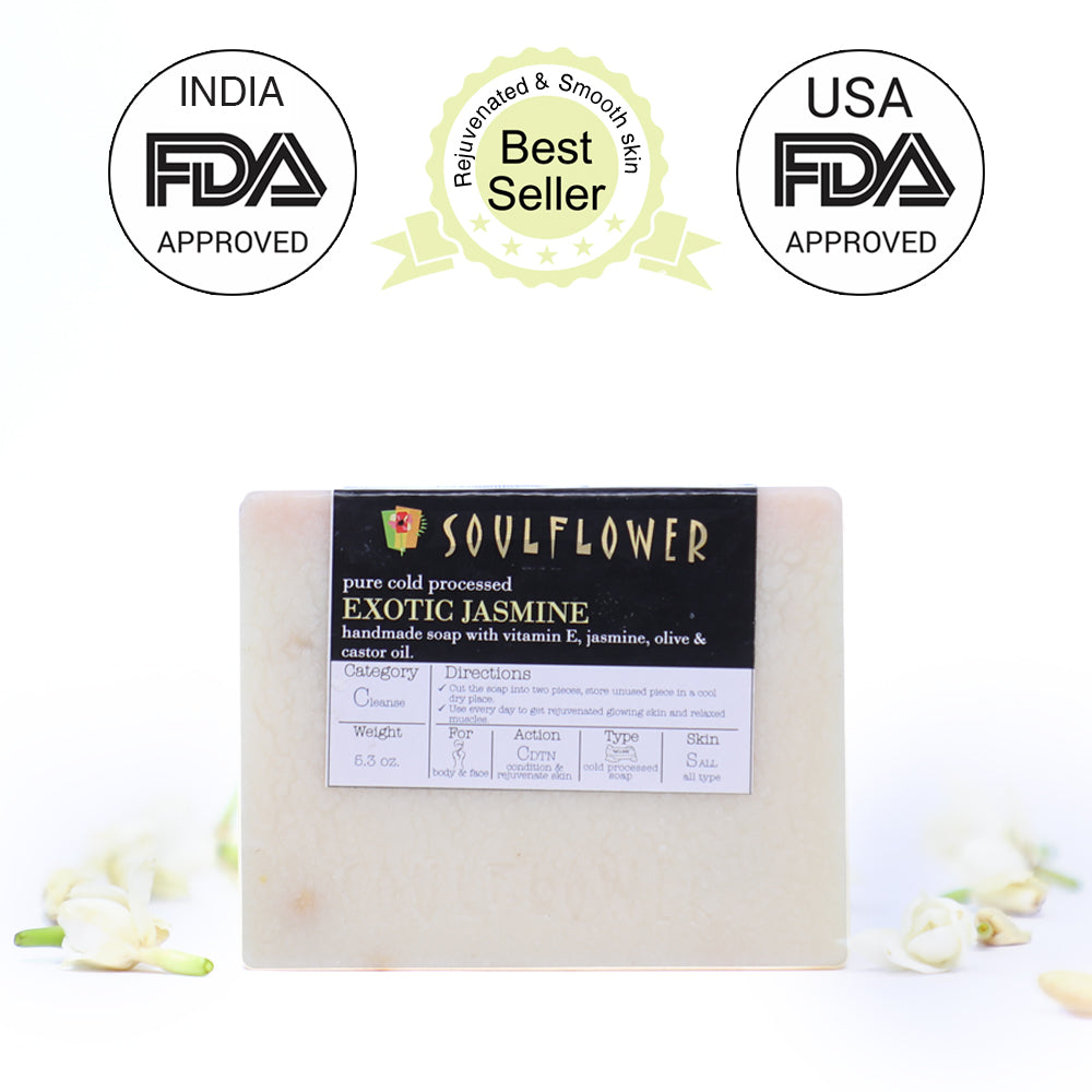 Front pack shot of Soulflower Jasmine Coconut Handmade Soap, pack of 2 with quality certifications