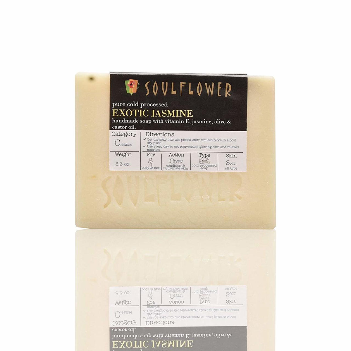 Front pack shot of Soulflower Jasmine Coconut Handmade Soap, pack of 2