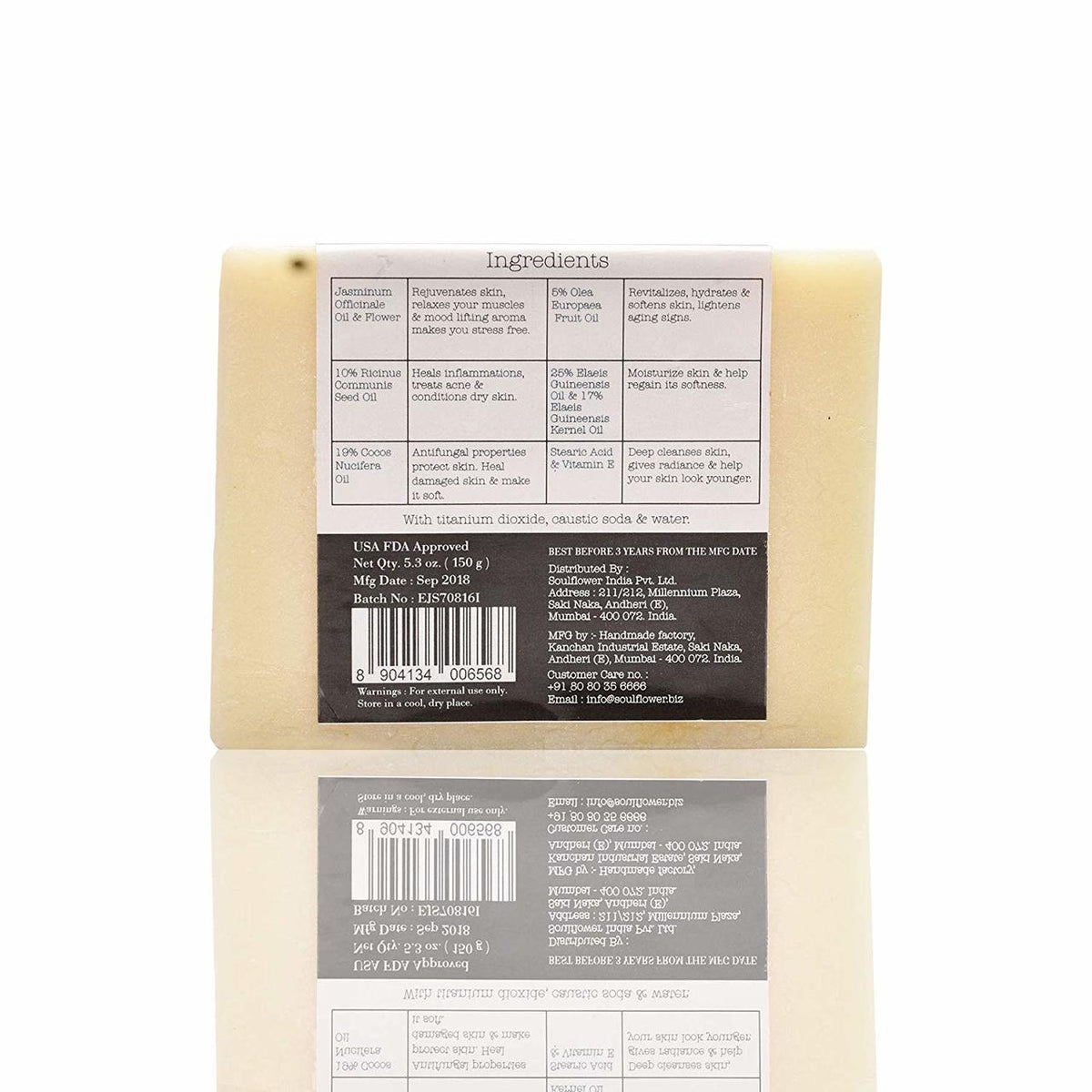 Soulflower Jasmine Coconut Handmade Soap, pack of 2 ingredients label and usage directions