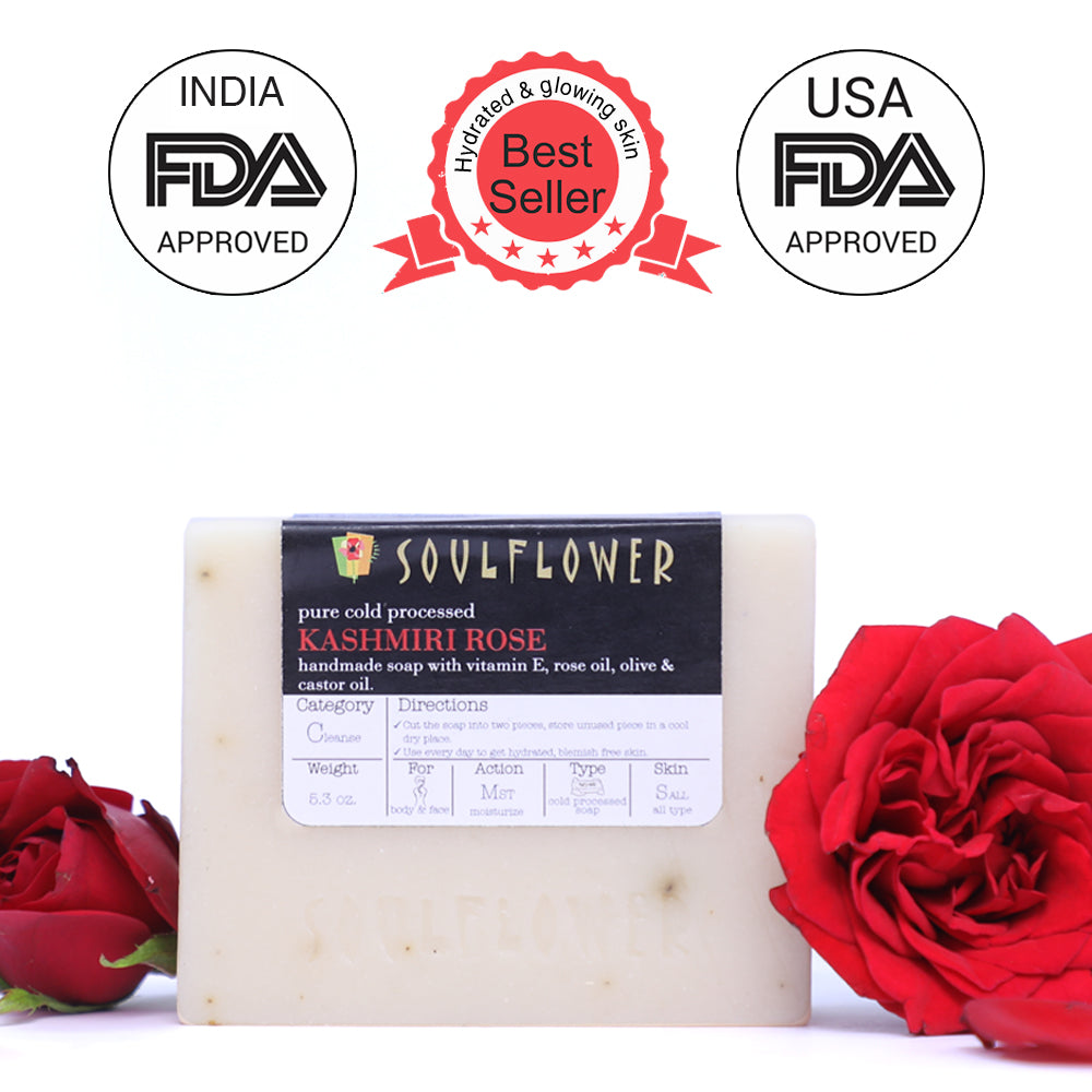 Front pack shot of Soulflower Kashmiri Rose Handmade Soap, pack of 2 with quality certifications