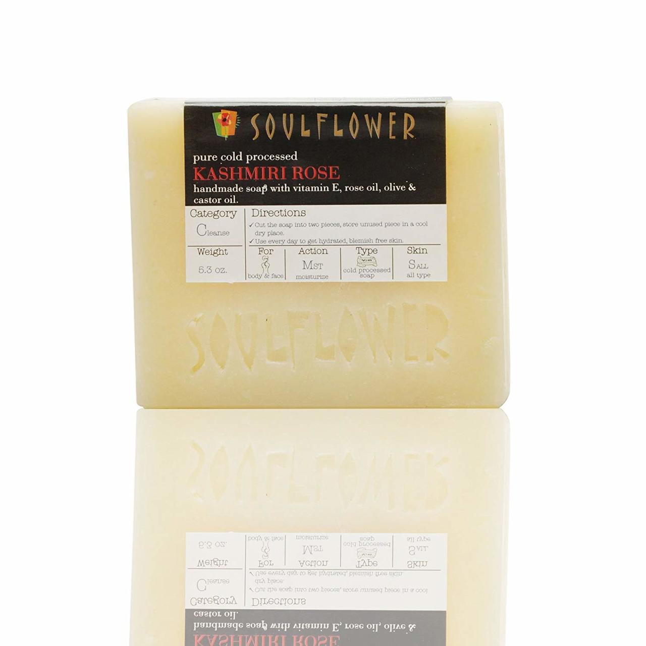 Front pack shot of Soulflower Kashmiri Rose Handmade Soap, pack of 2