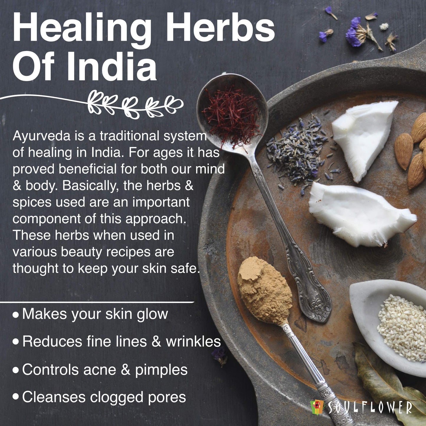 Soulflower Kumkumadi Saffron Ayurvedic Face Oil, 30ml Ayurvedic herbs and skin benefits infographic
