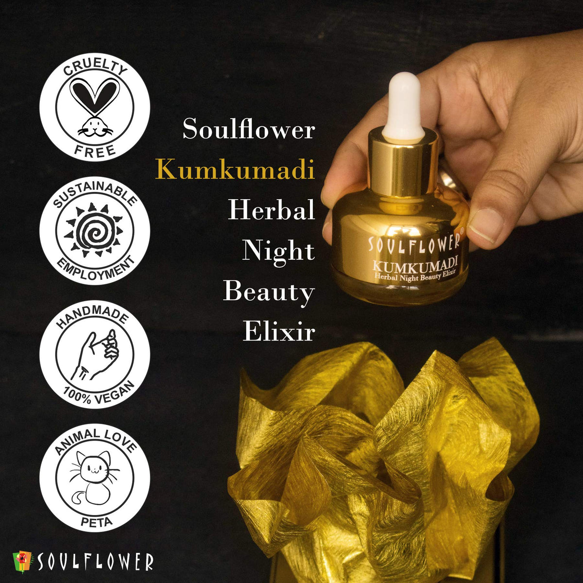 Soulflower Kumkumadi Saffron Ayurvedic Face Oil, 30ml cruelty-free and purity certifications