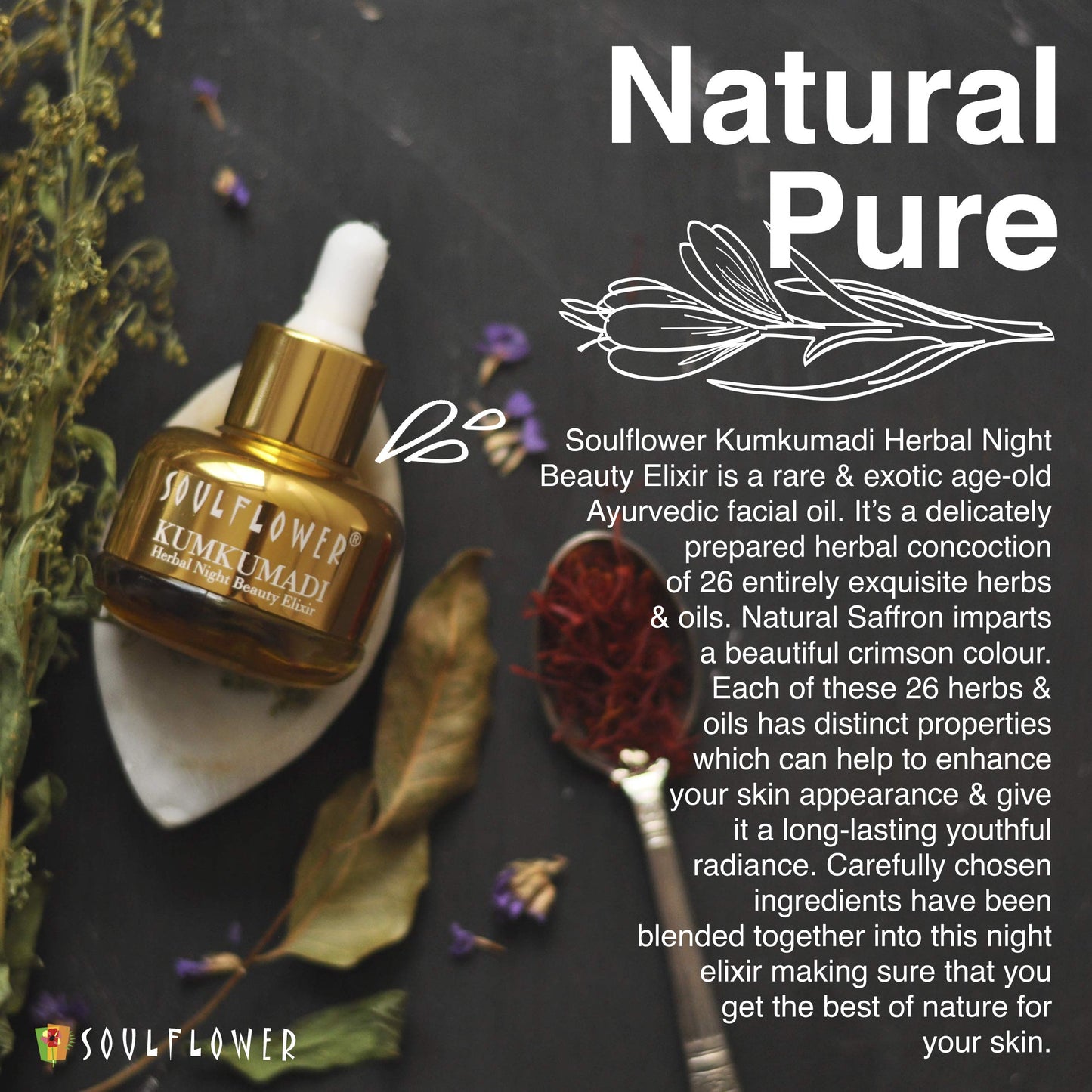 Soulflower Kumkumadi Saffron Ayurvedic Face Oil, 30ml natural ingredients infographic