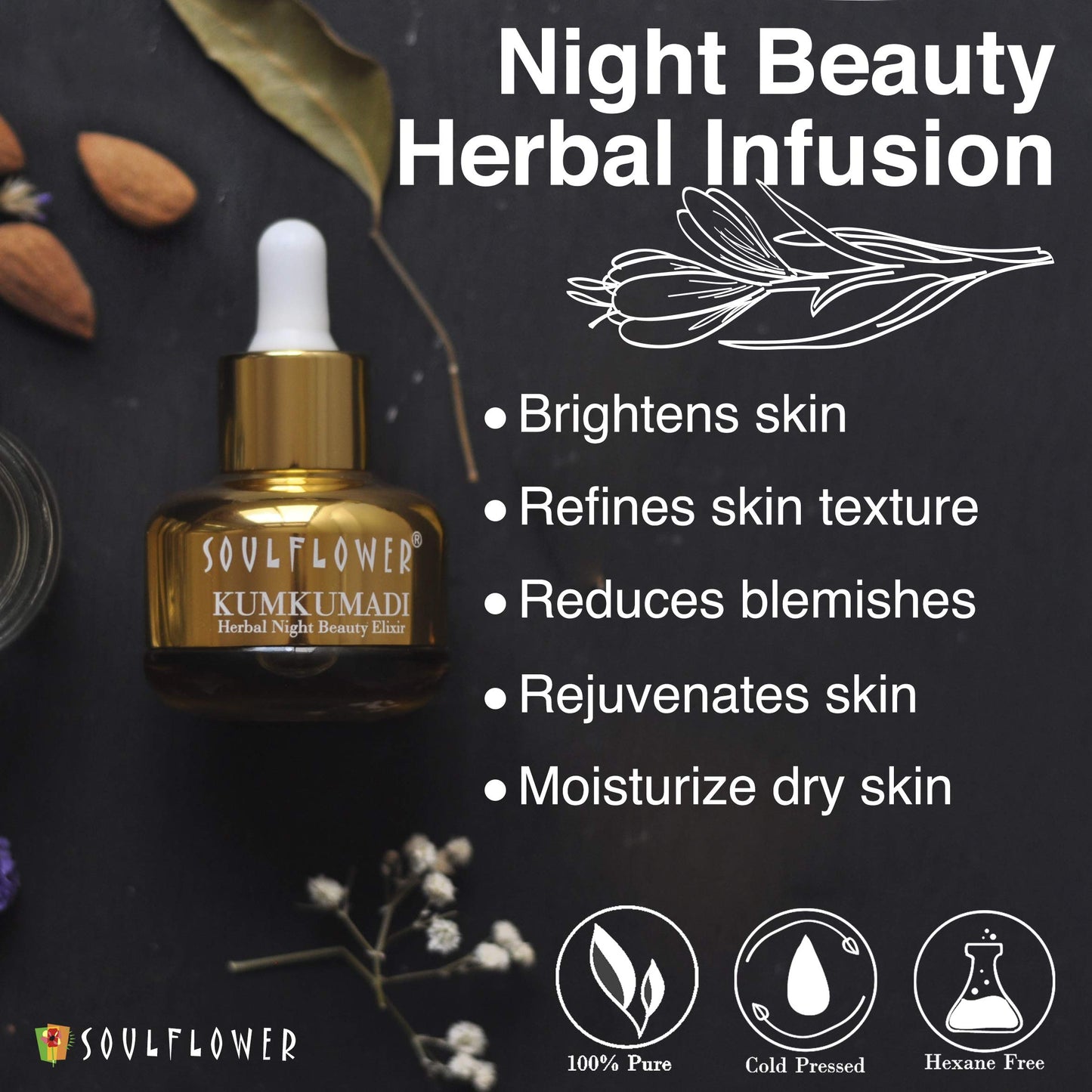 Soulflower Kumkumadi Saffron Ayurvedic Face Oil, 30ml nighttime facial care benefits infographic