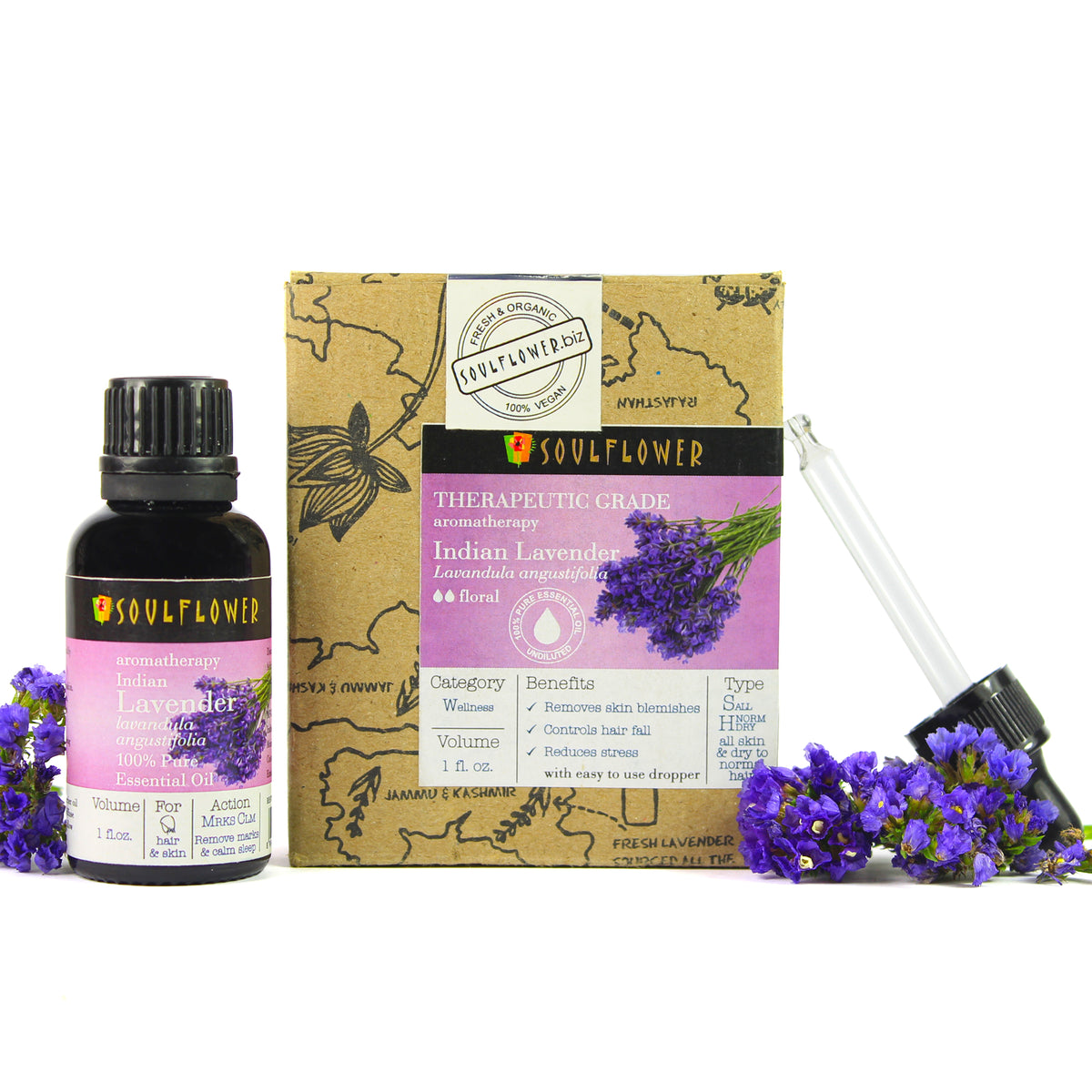 Soulflower Lavender Essential Oil for hair and skin, 1 oz bottle, packaging and glass dropper