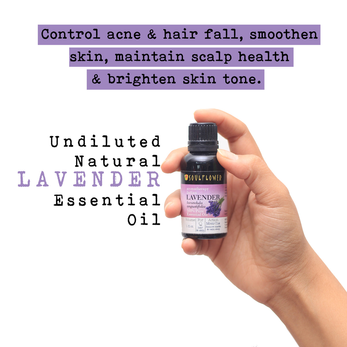 Soulflower Lavender Essential Oil for hair and skin, 1 oz undiluted product bottle image