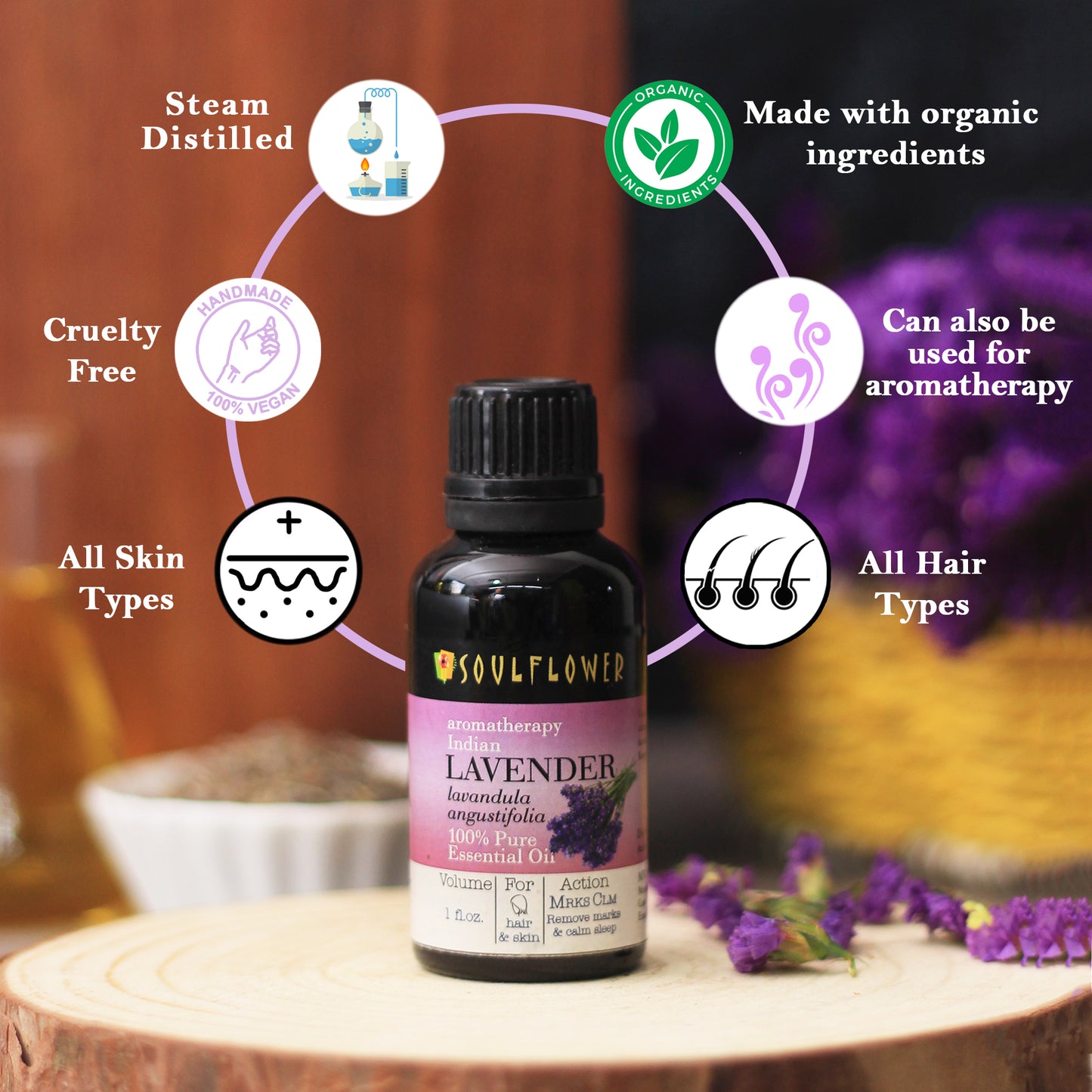 Soulflower Lavender Essential Oil for hair and skin, 1 oz quality features infographic