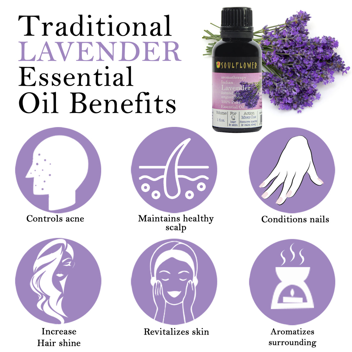 Soulflower Lavender Essential Oil for hair and skin, 1 oz benefits infographic for relaxing aromatherapy, hair and skin care