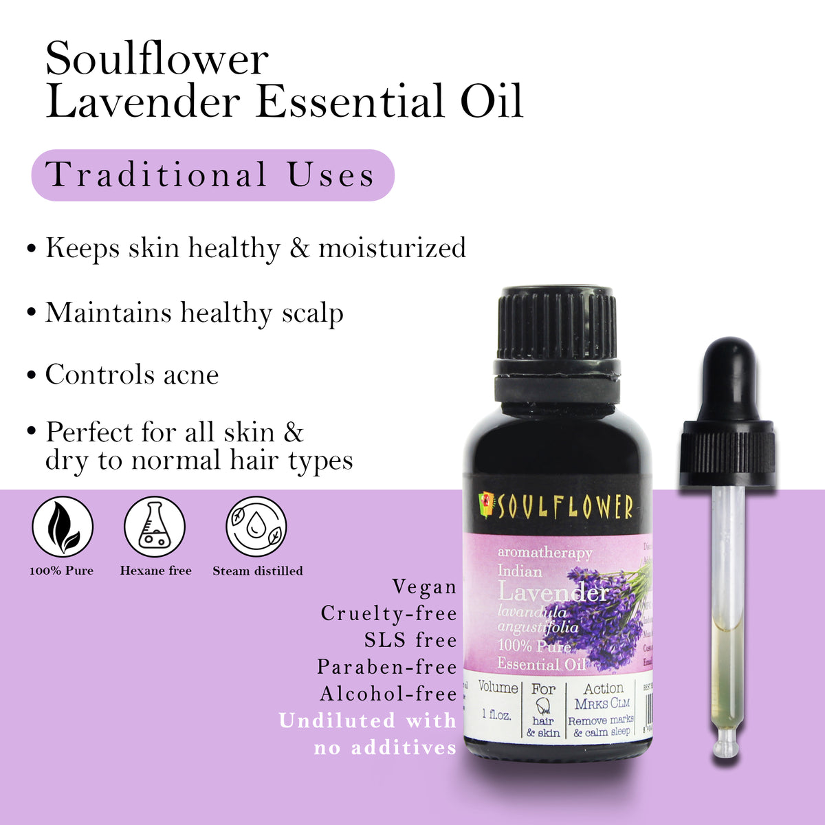 Soulflower Lavender Essential Oil for hair and skin, 1 oz traditional hair and skin uses infographic