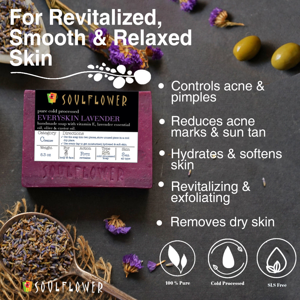 Soulflower Lavender Handmade Soap benefits infographic for calming cleansing and everyday skin care