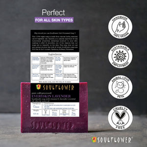 Soulflower Lavender Handmade Soap ingredients label and quality certifications